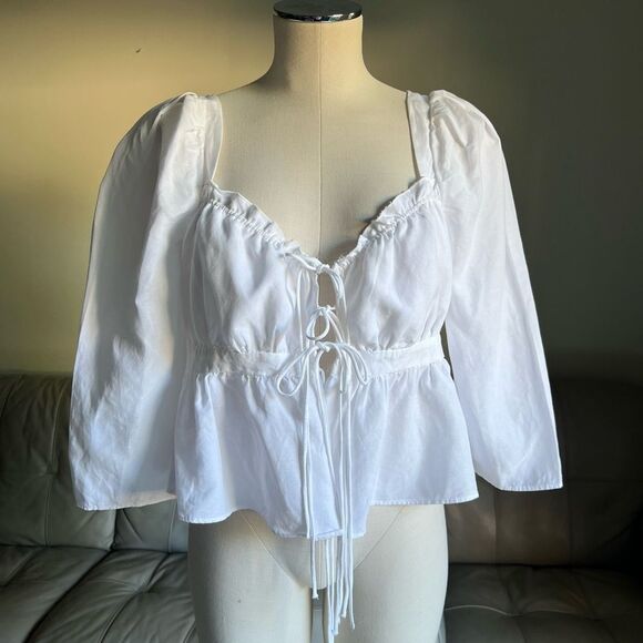 Brock Collection x H&M Sz M Lyocell Linen White Puff Sleeve Tie Top Blouse Chic - Picture 6 of 16
